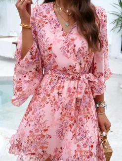 Hot Women's Casual Dress Floral Lace up Print V Neck Mini Dress Boho Vacation 3/4 Length Sleeve Summer Women Spring Dresses