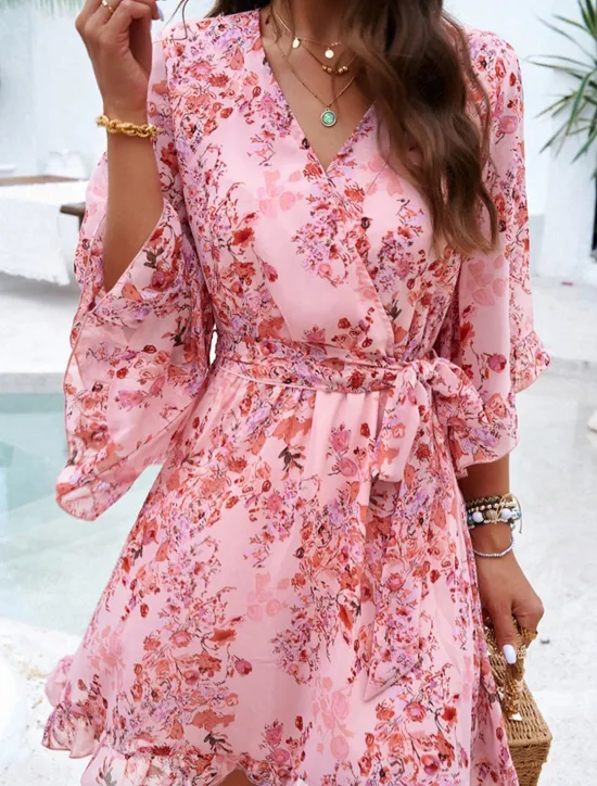 Hot Women's Casual Dress Floral Lace up Print V Neck Mini Dress Boho Vacation 3/4 Length Sleeve Summer Women Spring Dresses