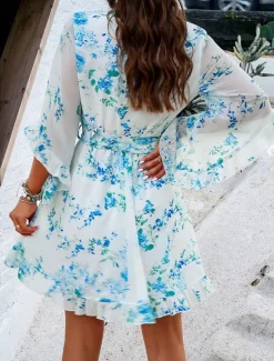 Hot Women's Casual Dress Floral Lace up Print V Neck Mini Dress Boho Vacation 3/4 Length Sleeve Summer Women Spring Dresses