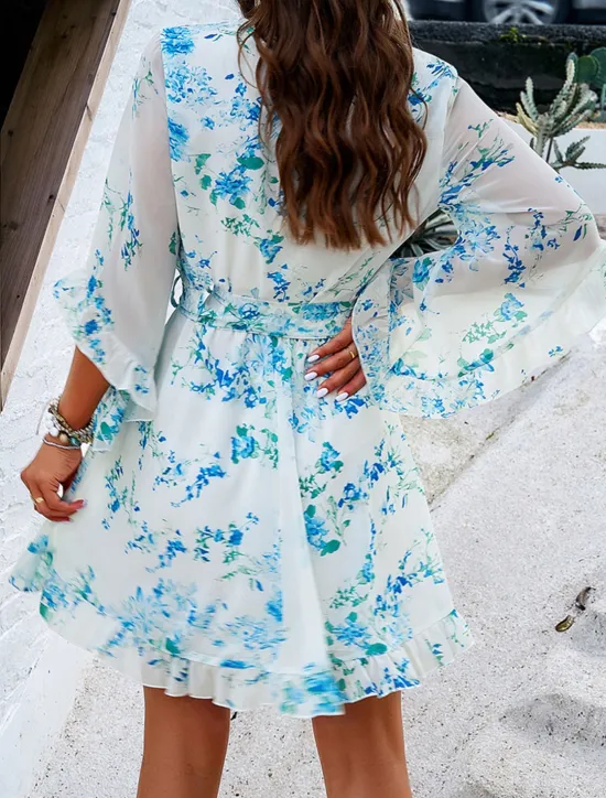 Hot Women's Casual Dress Floral Lace up Print V Neck Mini Dress Boho Vacation 3/4 Length Sleeve Summer Women Spring Dresses