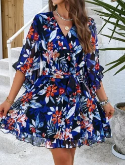 Hot Women's Casual Dress Floral Lace up Print V Neck Mini Dress Boho Vacation 3/4 Length Sleeve Summer Women Spring Dresses