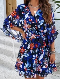 Hot Women's Casual Dress Floral Lace up Print V Neck Mini Dress Boho Vacation 3/4 Length Sleeve Summer Women Spring Dresses