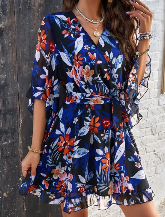 Hot Women's Casual Dress Floral Lace up Print V Neck Mini Dress Boho Vacation 3/4 Length Sleeve Summer Women Spring Dresses