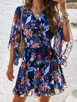 Hot Women's Casual Dress Floral Lace up Print V Neck Mini Dress Boho Vacation 3/4 Length Sleeve Summer Women Spring Dresses