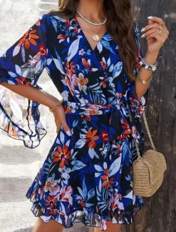 Hot Women's Casual Dress Floral Lace up Print V Neck Mini Dress Boho Vacation 3/4 Length Sleeve Summer Women Spring Dresses