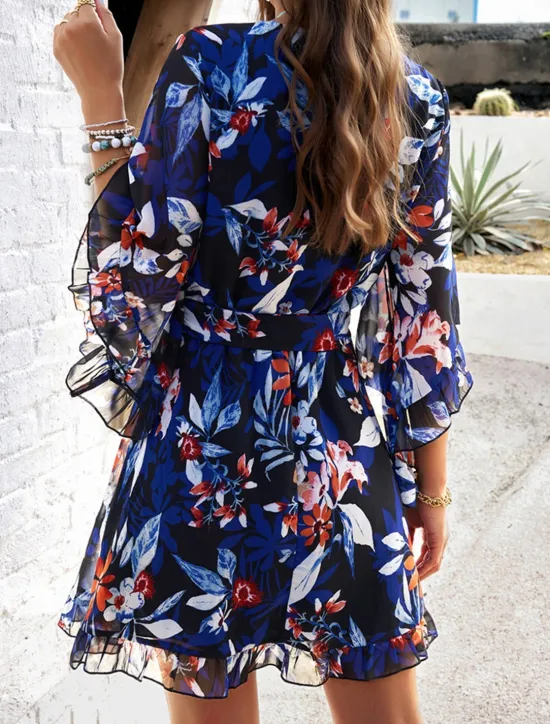 Hot Women's Casual Dress Floral Lace up Print V Neck Mini Dress Boho Vacation 3/4 Length Sleeve Summer Women Spring Dresses