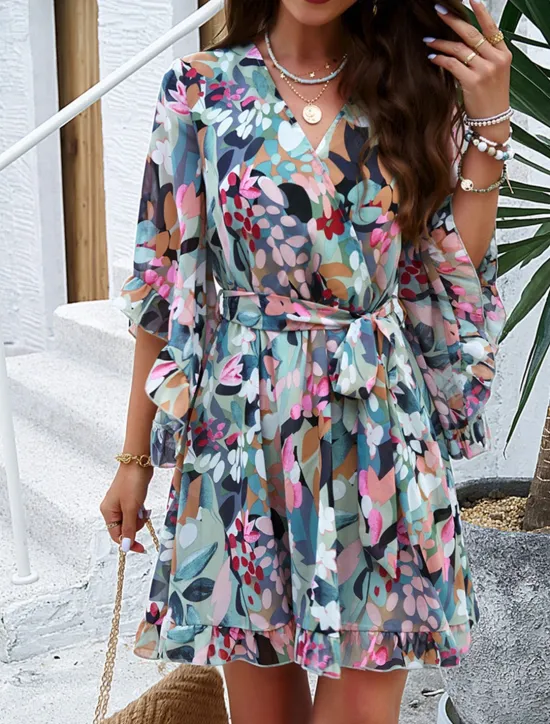 Hot Women's Casual Dress Floral Lace up Print V Neck Mini Dress Boho Vacation 3/4 Length Sleeve Summer Women Spring Dresses