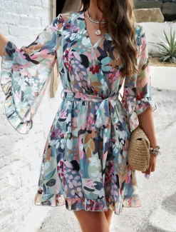 Hot Women's Casual Dress Floral Lace up Print V Neck Mini Dress Boho Vacation 3/4 Length Sleeve Summer Women Spring Dresses