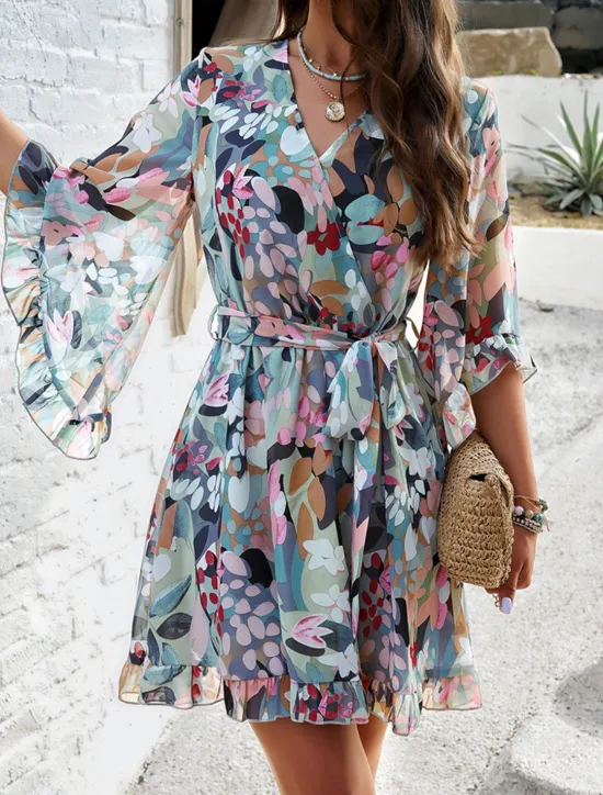 Hot Women's Casual Dress Floral Lace up Print V Neck Mini Dress Boho Vacation 3/4 Length Sleeve Summer Women Spring Dresses