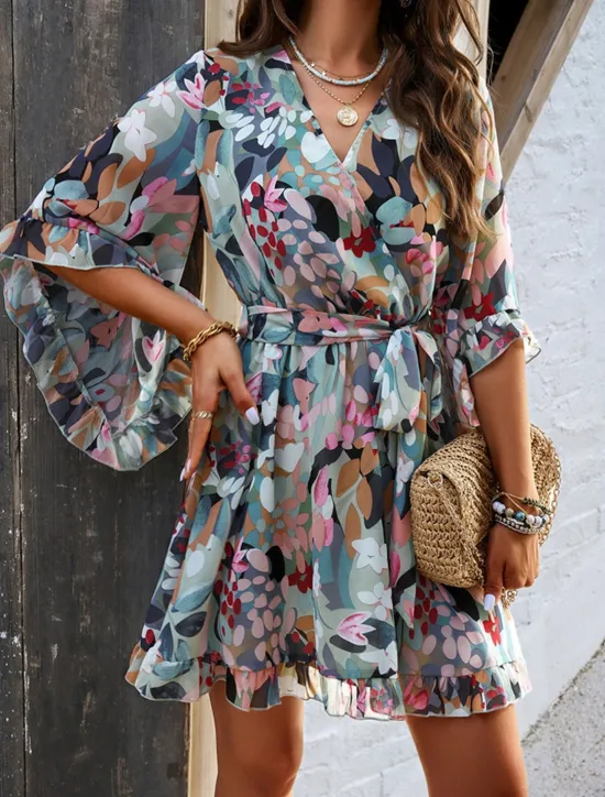 Hot Women's Casual Dress Floral Lace up Print V Neck Mini Dress Boho Vacation 3/4 Length Sleeve Summer Women Spring Dresses