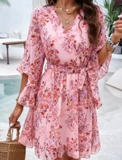 Hot Women's Casual Dress Floral Lace up Print V Neck Mini Dress Boho Vacation 3/4 Length Sleeve Summer Women Spring Dresses