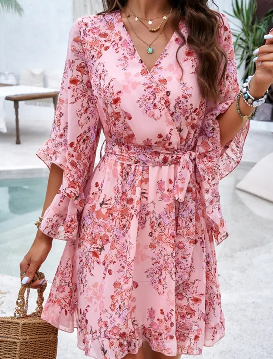 Hot Women's Casual Dress Floral Lace up Print V Neck Mini Dress Boho Vacation 3/4 Length Sleeve Summer Women Spring Dresses