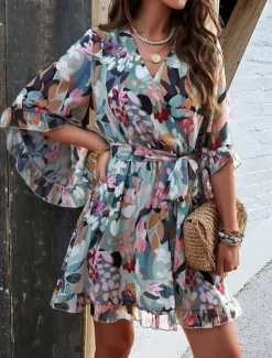 Hot Women's Casual Dress Floral Lace up Print V Neck Mini Dress Boho Vacation 3/4 Length Sleeve Summer Women Spring Dresses