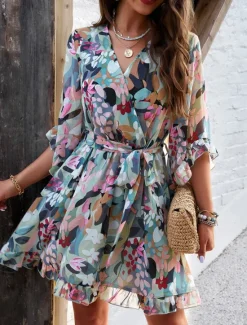 Hot Women's Casual Dress Floral Lace up Print V Neck Mini Dress Boho Vacation 3/4 Length Sleeve Summer Women Spring Dresses