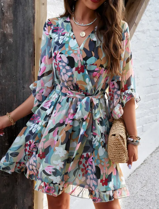 Hot Women's Casual Dress Floral Lace up Print V Neck Mini Dress Boho Vacation 3/4 Length Sleeve Summer Women Spring Dresses