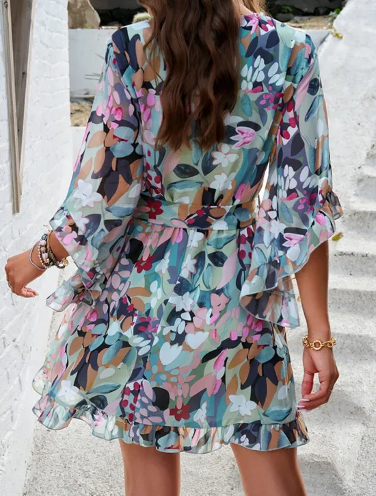 Hot Women's Casual Dress Floral Lace up Print V Neck Mini Dress Boho Vacation 3/4 Length Sleeve Summer Women Spring Dresses
