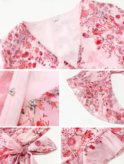 Hot Women's Casual Dress Floral Lace up Print V Neck Mini Dress Boho Vacation 3/4 Length Sleeve Summer Women Spring Dresses