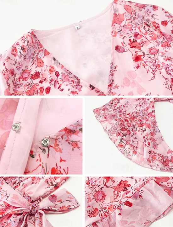 Hot Women's Casual Dress Floral Lace up Print V Neck Mini Dress Boho Vacation 3/4 Length Sleeve Summer Women Spring Dresses