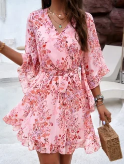 Hot Women's Casual Dress Floral Lace up Print V Neck Mini Dress Boho Vacation 3/4 Length Sleeve Summer Women Spring Dresses