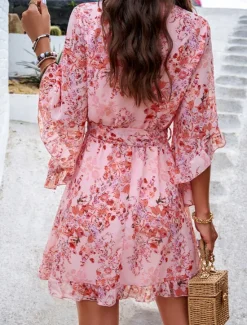 Hot Women's Casual Dress Floral Lace up Print V Neck Mini Dress Boho Vacation 3/4 Length Sleeve Summer Women Spring Dresses