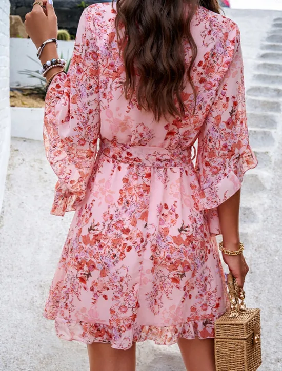 Hot Women's Casual Dress Floral Lace up Print V Neck Mini Dress Boho Vacation 3/4 Length Sleeve Summer Women Spring Dresses