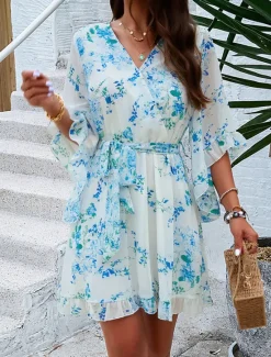 Hot Women's Casual Dress Floral Lace up Print V Neck Mini Dress Boho Vacation 3/4 Length Sleeve Summer Women Spring Dresses