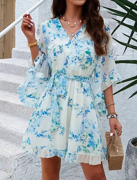 Hot Women's Casual Dress Floral Lace up Print V Neck Mini Dress Boho Vacation 3/4 Length Sleeve Summer Women Spring Dresses
