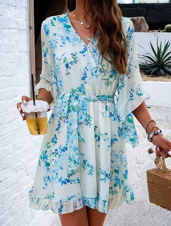 Hot Women's Casual Dress Floral Lace up Print V Neck Mini Dress Boho Vacation 3/4 Length Sleeve Summer Women Spring Dresses