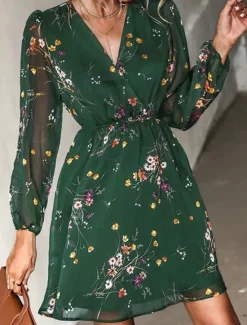 New Women's Casual Dress Formal Dress Floral Print V Neck Mini Dress Stylish Casual Daily Date Long Sleeve Summer Women Spring Dresses
