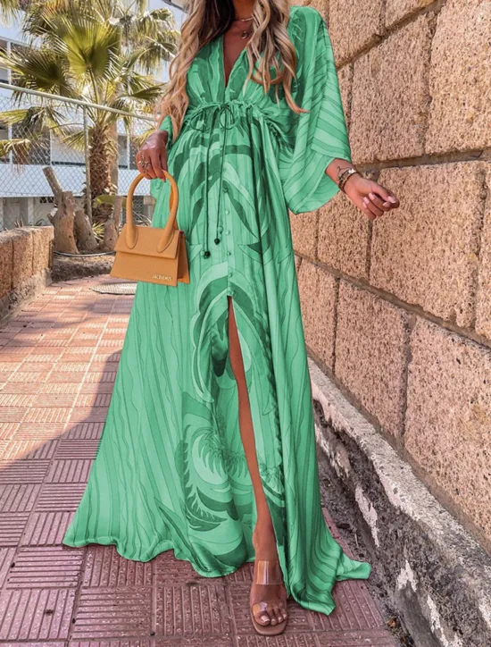 Outlet Women's Casual Dress Geometric Color Block Drawstring Split V Neck Long Dress Maxi Dress Bohemia Vacation Summer Women Vacation Dresses|Spring Dresses