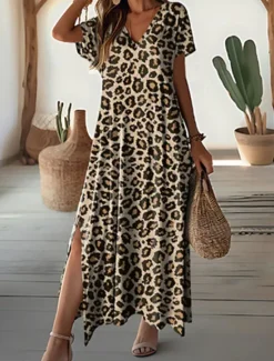 Hot Women's Casual Dress Leopard Print Split Thigh V Neck Long Dress Maxi Dress Stylish Casual Daily Date Short Sleeve Summer Women T Shirt Dresses