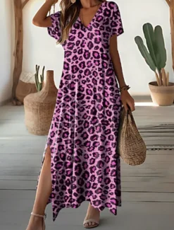 Hot Women's Casual Dress Leopard Print Split Thigh V Neck Long Dress Maxi Dress Stylish Casual Daily Date Short Sleeve Summer Women T Shirt Dresses
