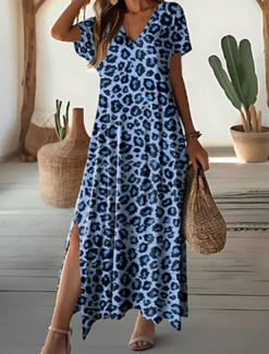 Hot Women's Casual Dress Leopard Print Split Thigh V Neck Long Dress Maxi Dress Stylish Casual Daily Date Short Sleeve Summer Women T Shirt Dresses