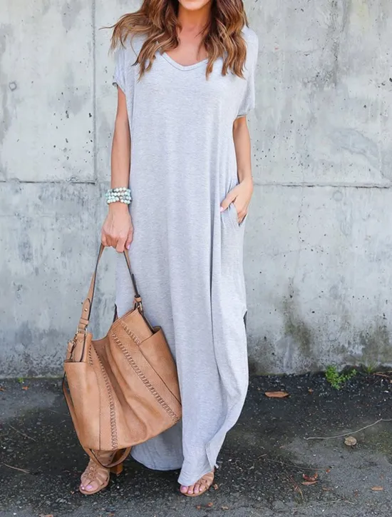 Women's Casual Dress Long Dress Maxi Dress Cotton Pocket Split Date Maxi Basic V Neck Short Sleeve Black White Pink Color Women T Shirt Dresses