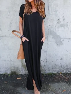 Women's Casual Dress Long Dress Maxi Dress Cotton Pocket Split Date Maxi Basic V Neck Short Sleeve Black White Pink Color Women T Shirt Dresses