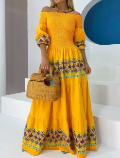 Outlet Women's Casual Dress Long Dress Maxi Dress Half Sleeve Floral Patchwork Fall Spring Autumn Off Shoulder Modern Weekend Slim 2023 S M L XL XXL Women Vacation Dresses