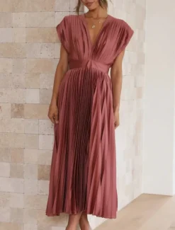 New Women's Casual Dress Maxi Dress Ruched Casual V Neck Sleeveless Black Champagne Fuchsia Color Women Cocktail Dress