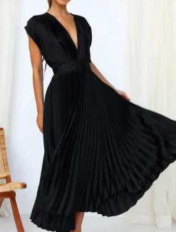 New Women's Casual Dress Maxi Dress Ruched Casual V Neck Sleeveless Black Champagne Fuchsia Color Women Cocktail Dress