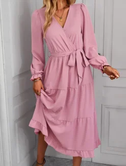 Best Women's Casual Dress Maxi Dress Lace up Ruffle Date Vacation Elegant Streetwear V Neck Long Sleeve Black Pink Dark Green Color Women Cocktail Dress