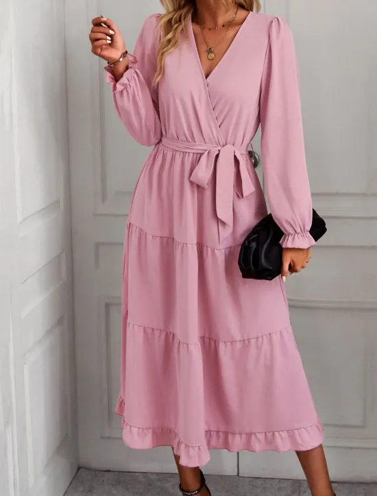 Best Women's Casual Dress Maxi Dress Lace up Ruffle Date Vacation Elegant Streetwear V Neck Long Sleeve Black Pink Dark Green Color Women Cocktail Dress