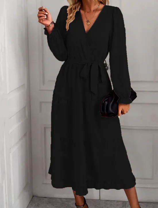 Best Women's Casual Dress Maxi Dress Lace up Ruffle Date Vacation Elegant Streetwear V Neck Long Sleeve Black Pink Dark Green Color Women Cocktail Dress