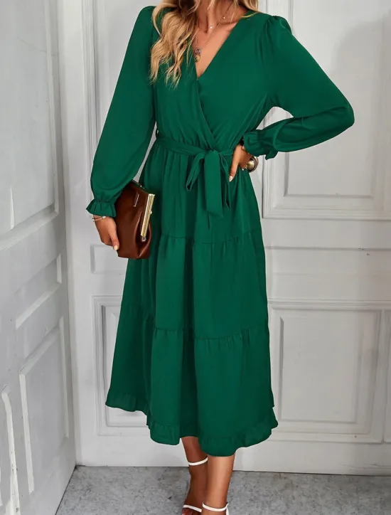 Best Women's Casual Dress Maxi Dress Lace up Ruffle Date Vacation Elegant Streetwear V Neck Long Sleeve Black Pink Dark Green Color Women Cocktail Dress