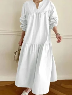 Hot Women's Casual Dress Maxi Dress Ruffle Hem Casual Split Neck Long Sleeve Black White Khaki Color Women White Dresses