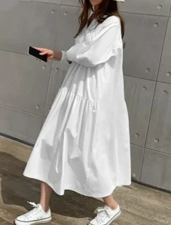 Hot Women's Casual Dress Maxi Dress Ruffle Hem Casual Split Neck Long Sleeve Black White Khaki Color Women White Dresses
