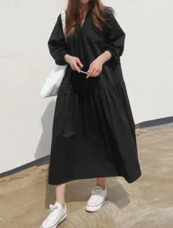 Hot Women's Casual Dress Maxi Dress Ruffle Hem Casual Split Neck Long Sleeve Black White Khaki Color Women White Dresses