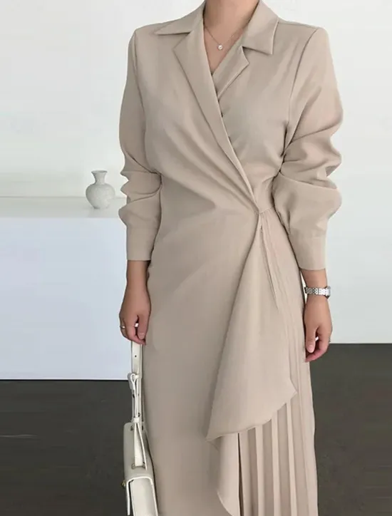 Best Women's Casual Dress Maxi long Dress Pleated Daily Elegant Fashion Shirt Collar Long Sleeve Black Brown Apricot Color Women Work Dresses