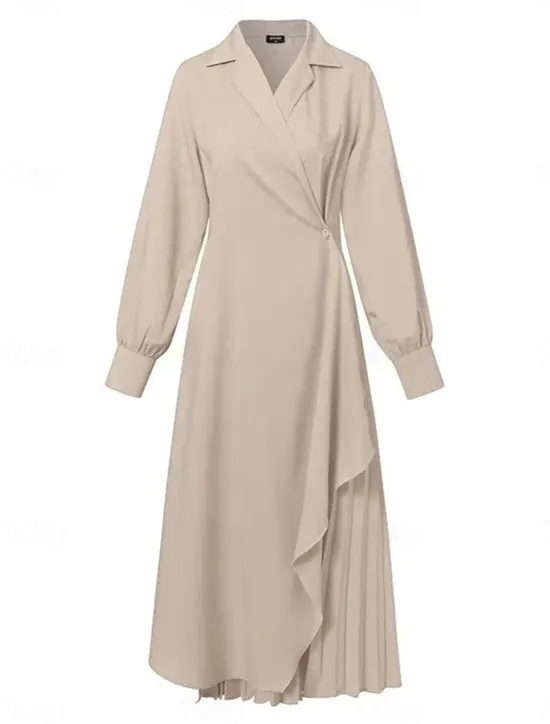 Best Women's Casual Dress Maxi long Dress Pleated Daily Elegant Fashion Shirt Collar Long Sleeve Black Brown Apricot Color Women Work Dresses