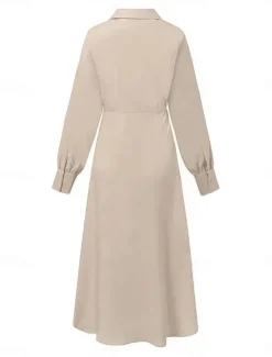 Best Women's Casual Dress Maxi long Dress Pleated Daily Elegant Fashion Shirt Collar Long Sleeve Black Brown Apricot Color Women Work Dresses