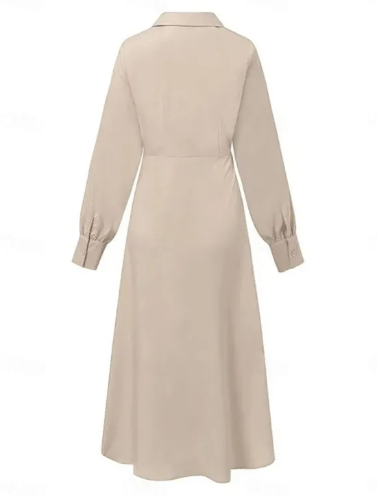 Best Women's Casual Dress Maxi long Dress Pleated Daily Elegant Fashion Shirt Collar Long Sleeve Black Brown Apricot Color Women Work Dresses