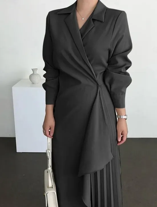 Best Women's Casual Dress Maxi long Dress Pleated Daily Elegant Fashion Shirt Collar Long Sleeve Black Brown Apricot Color Women Work Dresses